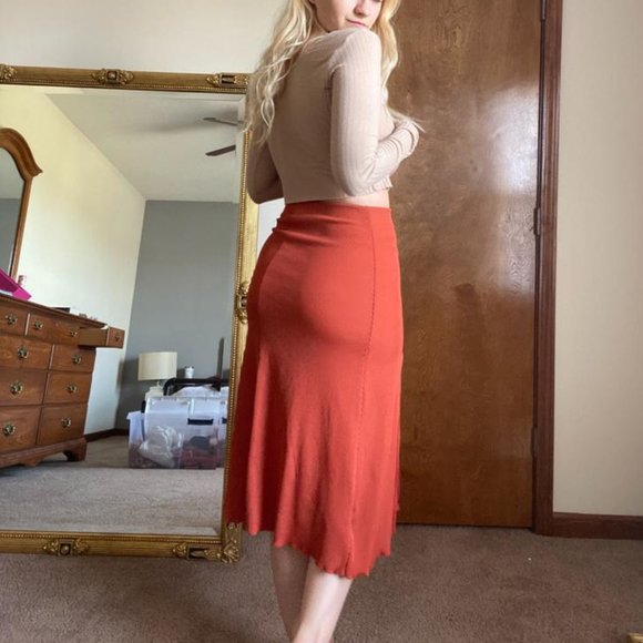 Orange Midi Skirt with Side Slit - Picture 3 of 8